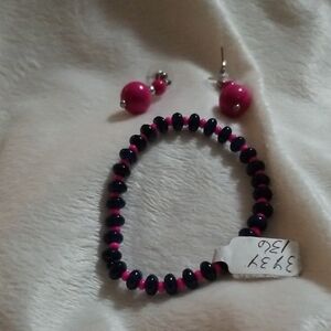 Pink and Black Beaded Bracelet and Earring Set
